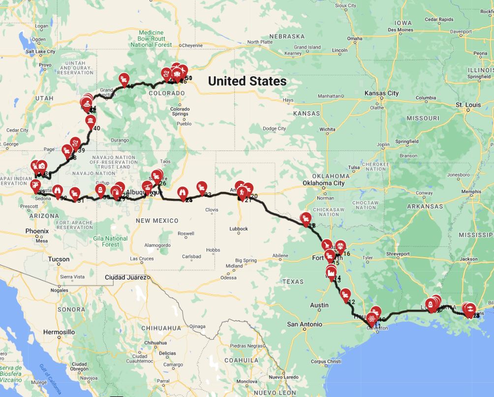 Map for New Orleans to Denver - Including the Grand Canyon